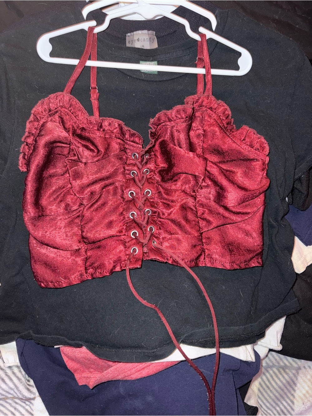 SHEIN Red Satin Lace-Up Crop Top